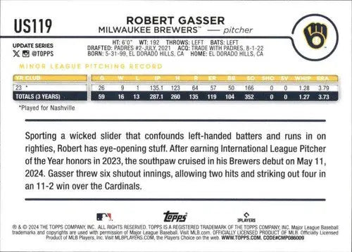 2024 Topps Update #US119 Robert Gasser NM-MT RC Rookie Brewers ID:76332 - Baseball Card Single