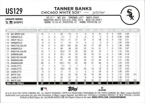 Original gloss US129 Tanner Banks baseball card from 2024 Topps Update collection