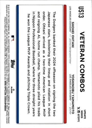 2024 Topps Update #US13 Shohei Ohtani /Yoshinobu Yamamoto NM-MT Dodgers ID:76240 - Trading Cards