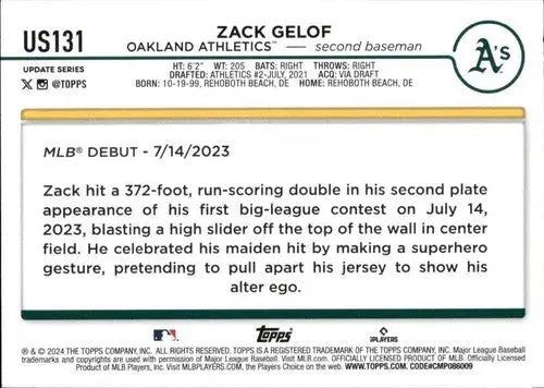 US131 Zack Gelof baseball card from 2024 Topps Update NM-MT Athletics