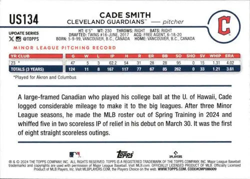 2024 Topps Update US134 Cade Smith RC rookie card with original gloss Guardians