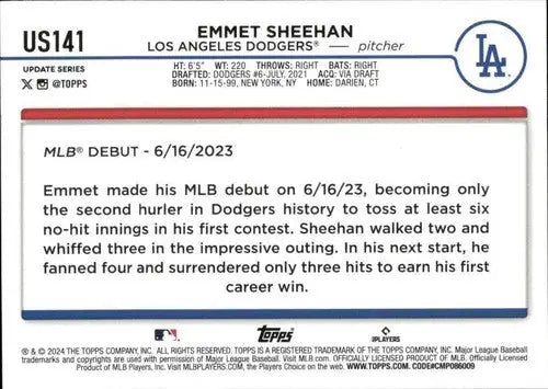2024 Topps Update US141 Emmet Sheehan Dodgers baseball card NM-MT