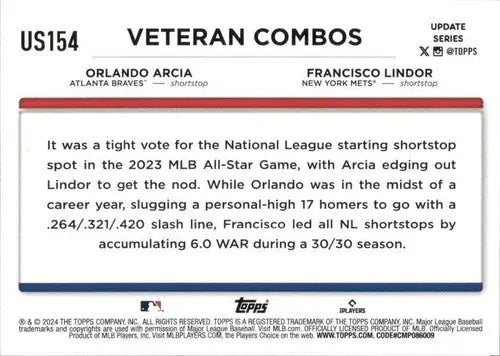 2024 Topps Update baseball card back featuring Francisco Lindor and Orlando Arcia with original gloss