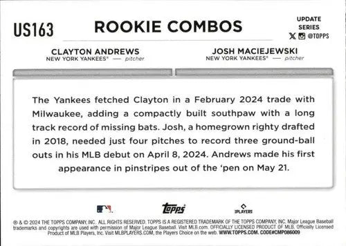 Baseball card back with original gloss for 2024 Topps Update US163 Clayton Andrews RC