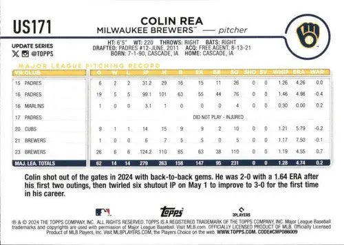 Original gloss 2024 Topps Update US171 Colin Rea Brewers baseball card