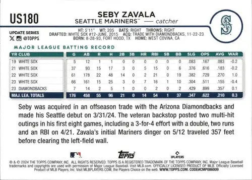 2024 Topps Update Us180 Seby Zavala baseball card Mariners NM-MT ID 76353