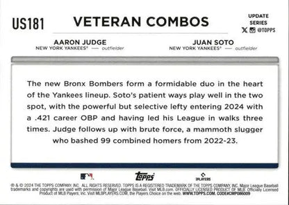 2024 Topps Update #US181 Aaron Judge /Juan Soto NM-MT Yankees ID:74726 - Trading Cards