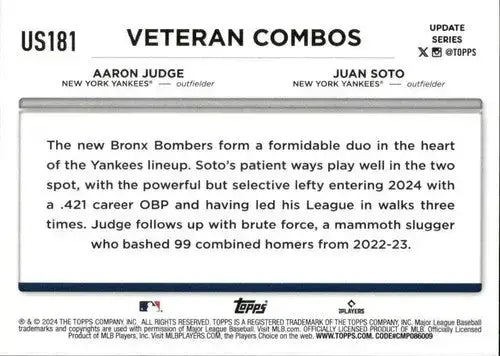 2024 Topps Update #US181 Aaron Judge /Juan Soto NM-MT Yankees ID:74726 - Baseball Card Single
