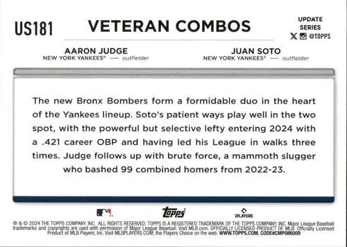 2024 Topps Update US181 Aaron Judge Juan Soto baseball card Yankees NM-MT ID 74726