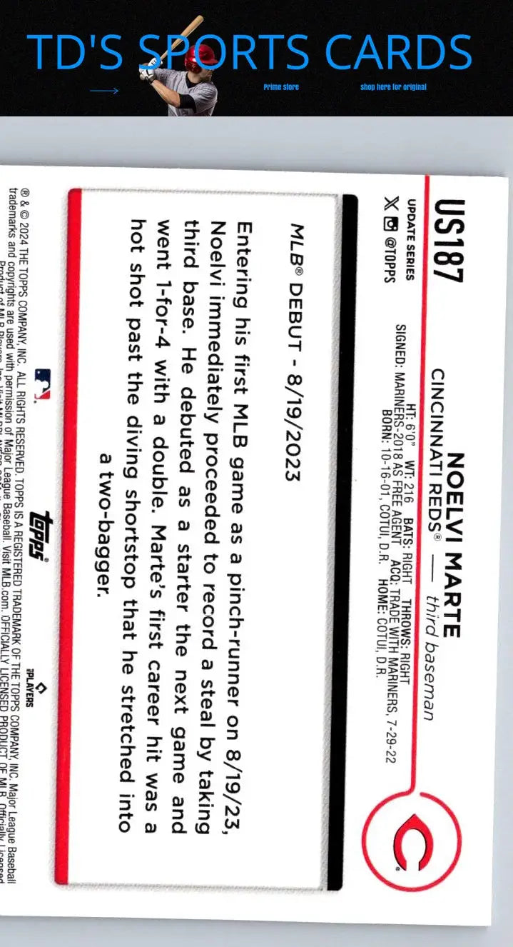 Noelvi Marte baseball card 2024 Topps Update US187 Noelvi Marte collectible item