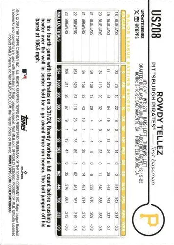Baseball card back showing 2024 Topps Update US208 Rowdy Tellez Pirates ID 76357