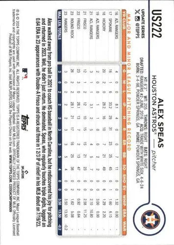 Baseball card US222 Alex Speas Topps Update 2024 Rookie Astros NM-MT