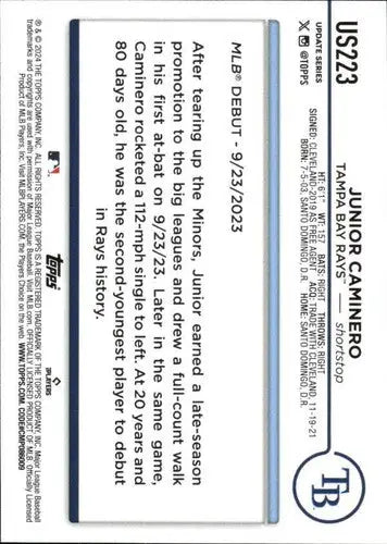 2024 Topps Update Junior Caminero baseball card with original gloss for Rays collectible