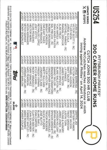 Baseball card back with original gloss for 2024 Topps Update US254 Andrew McCutchen