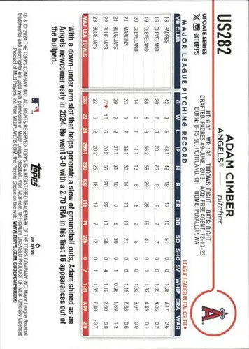 2024 Topps Update US282 Adam Cimber baseball card NM-MT Angels ID 74739