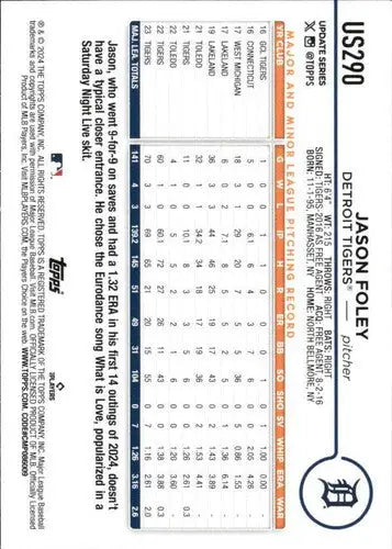 2024 Topps Update US290 Jason Foley Tigers baseball card with original gloss