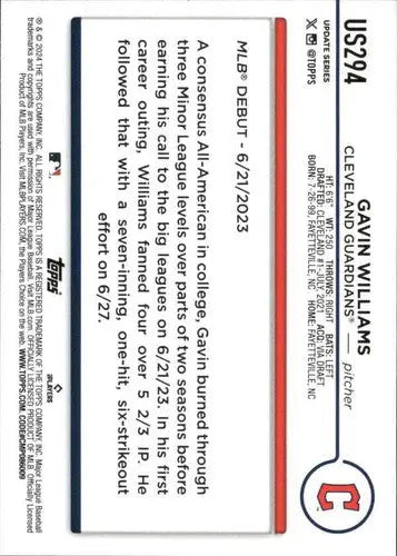 Original gloss 2024 Topps Update Gavin Williams baseball card Guardians ID 76373