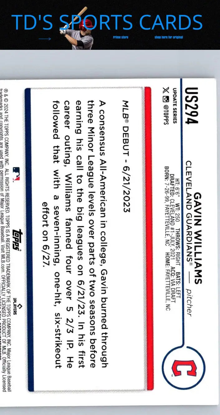 Gavin Williams baseball card from 2024 Topps Update #US294 featuring US294 Gavin Williams