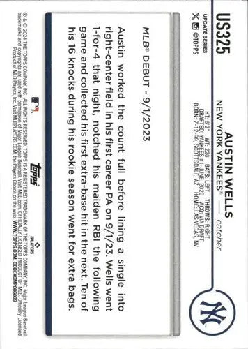 Original gloss baseball card of Austin Wells from 2024 Topps Update series