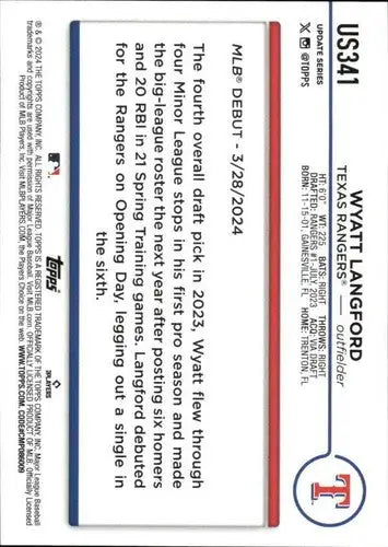 Baseball card back featuring Wyatt Langford from 2024 Topps Update with original gloss