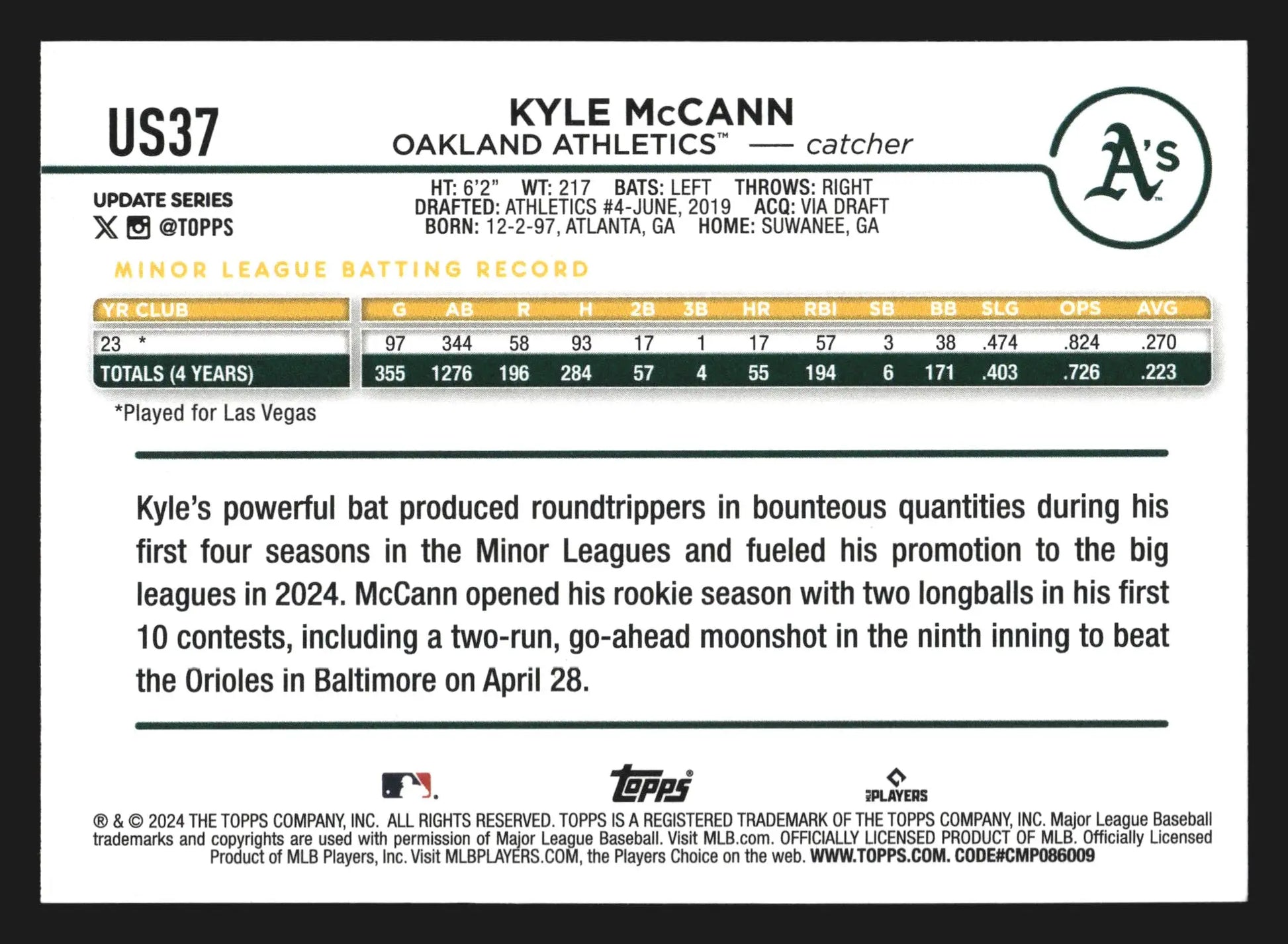 2024 Topps Update #US37 Kyle McCann Athletics RC - Baseball Card Single