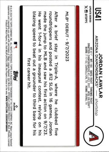 2024 Topps Update US41 Jordan Lawlar baseball card back featuring Diamondbacks ID 76314