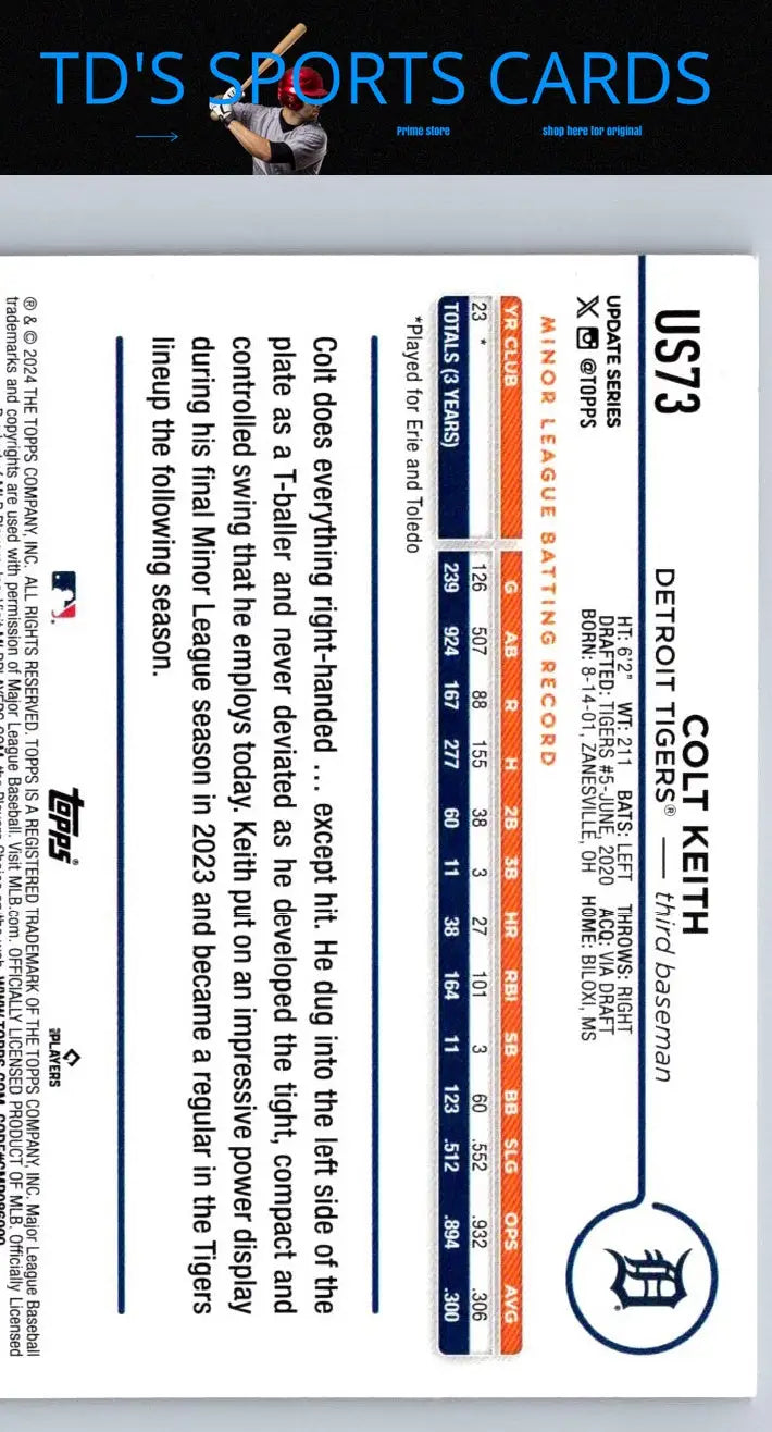 2024 Topps Update US73 Colt Keith baseball card featuring Colt Keith player collectible