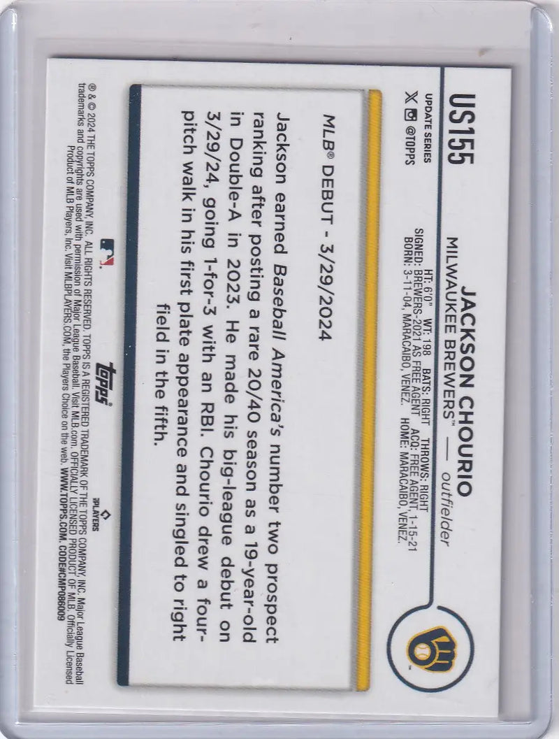 2024 Topps US155 Jackson Chourio baseball card Milwaukee Brewers featuring Jackson Chourio