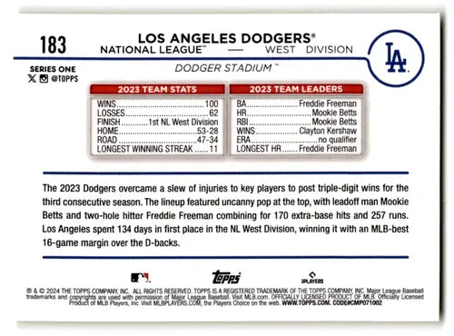 2024 Topps Yellow #183 Los Angeles Dodgers NM-MT Dodgers Team Card ID:68192 - Baseball Card Single