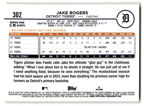 2024 Topps Yellow #302 Jake Rogers NM-MT Tigers ID:68197 - Baseball Card Single