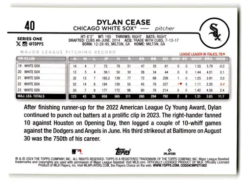 2024 Topps Yellow #40 Dylan Cease NM-MT White Sox ID:68193 - Baseball Card Single