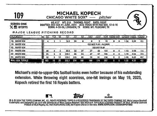 2024 Topps Yellow Foil Michael Kopech baseball card White Sox ID 68180