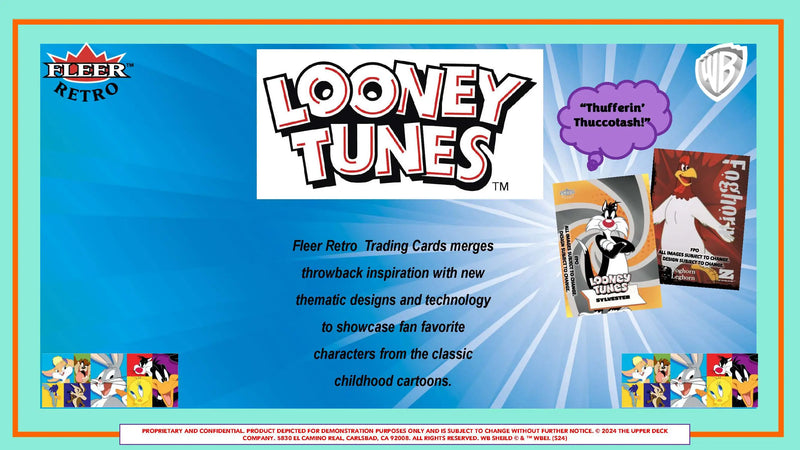 Promotional poster for Fleer Retro Looney Tunes trading cards in 2024 Upper Deck Hobby Box