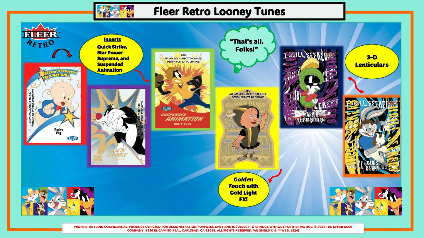 Promotional visual of Fleer Retro Looney Tunes trading cards with inserts and foil effects