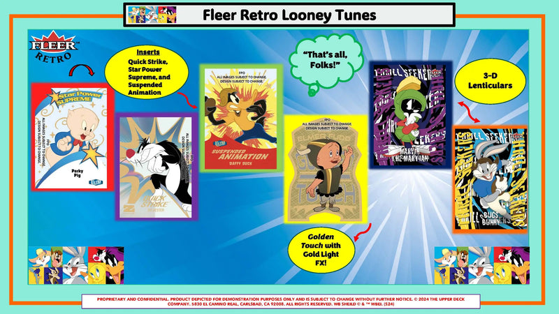 Promotional visual of Fleer Retro Looney Tunes trading cards with inserts and foil effects