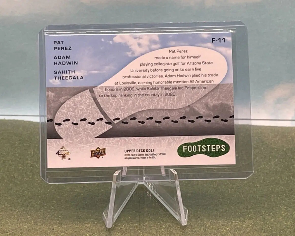 2024 Upper Deck Golf Footsteps card featuring Pat Perez, Adam Hadwin, and Sahith Theegala