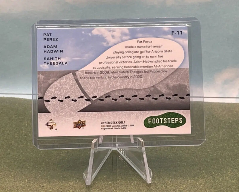 2024 Upper Deck Golf Footsteps card featuring Pat Perez, Adam Hadwin, and Sahith Theegala