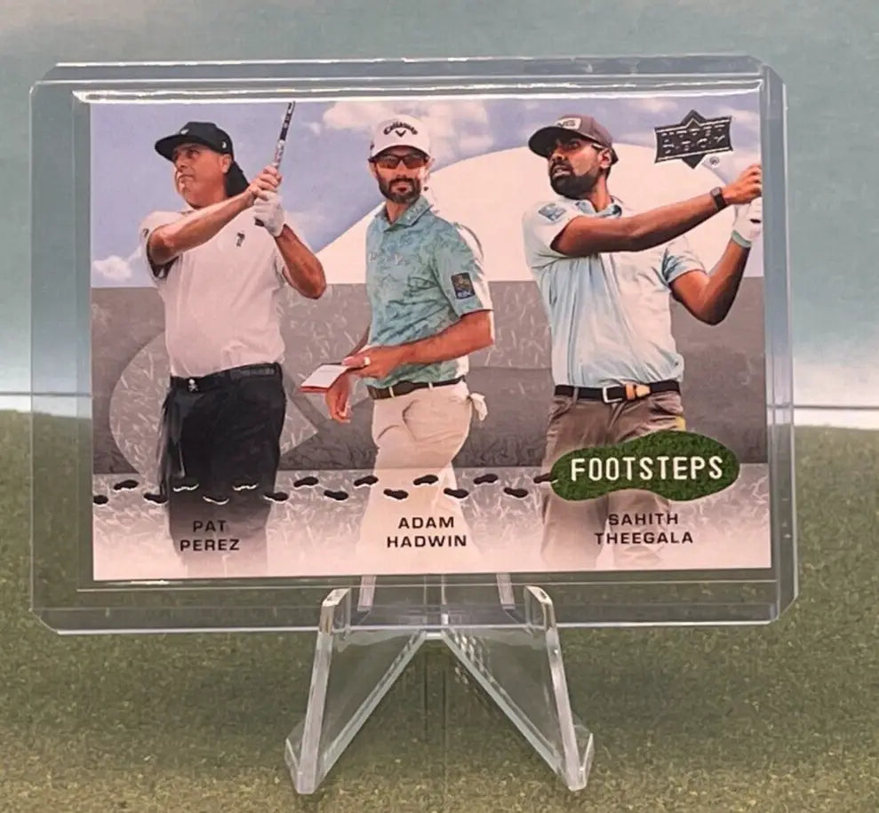 Upper Deck Golf trading card featuring Pat Perez, Adam Hadwin, and Sahith Theegala