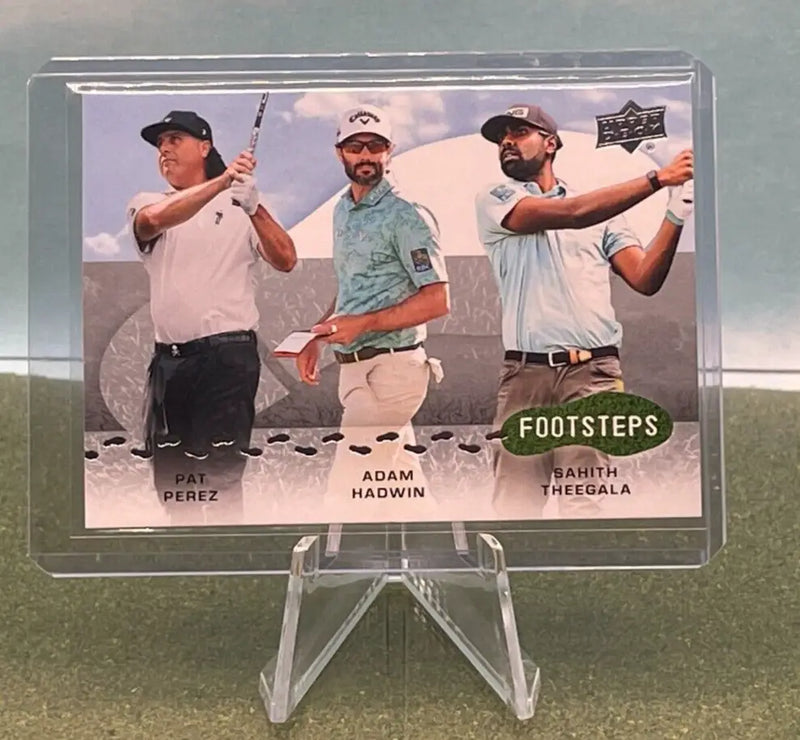 Upper Deck Golf trading card featuring Pat Perez, Adam Hadwin, and Sahith Theegala