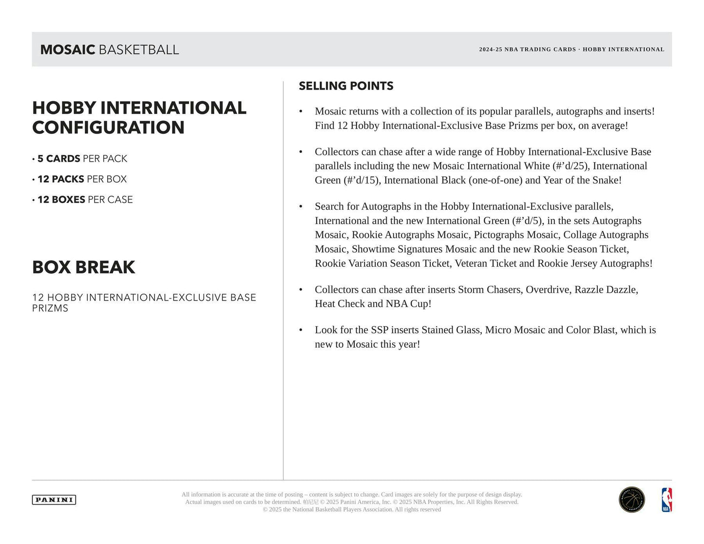 2024/25 Panini Mosaic Basketball International Hobby Box | Columbia Sports Cards