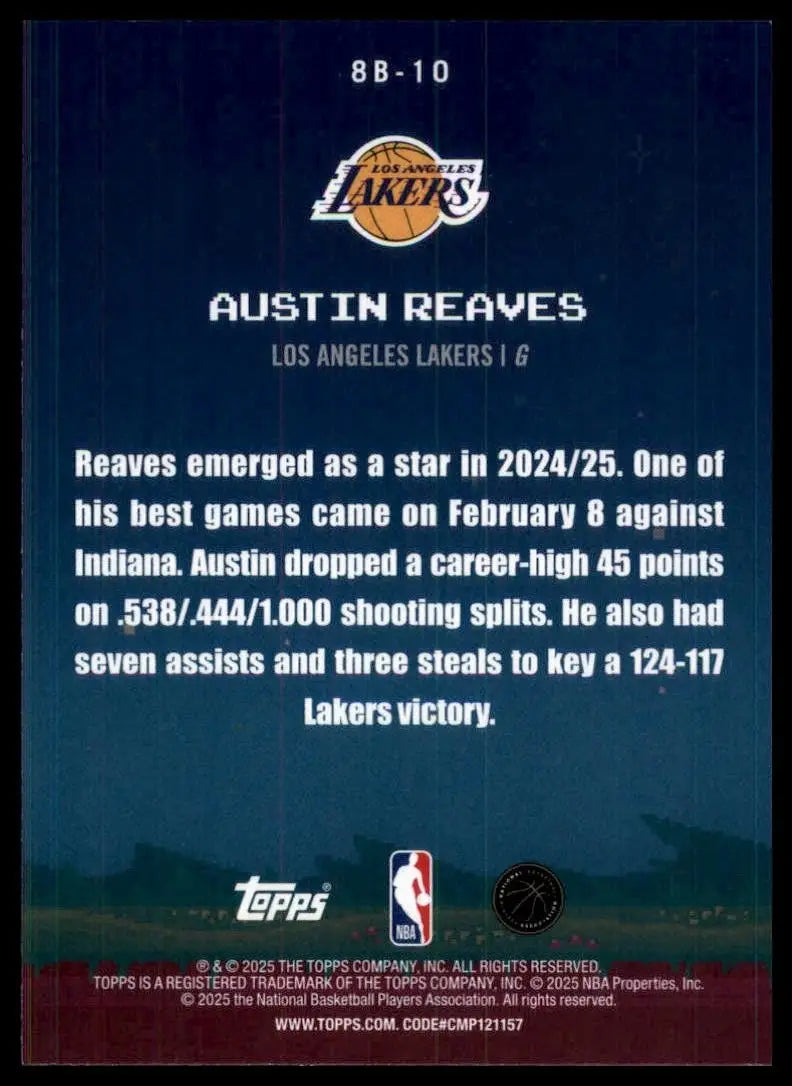 2025-26 8 Bit Ballers Austin Reaves #8B-10 Los Angeles Lakers Basketball Card - Basketball Card Single