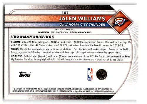 2025-26 Bowman #107 Jalen Williams NM-MT Thunder ID:82405 - Basketball Card Single