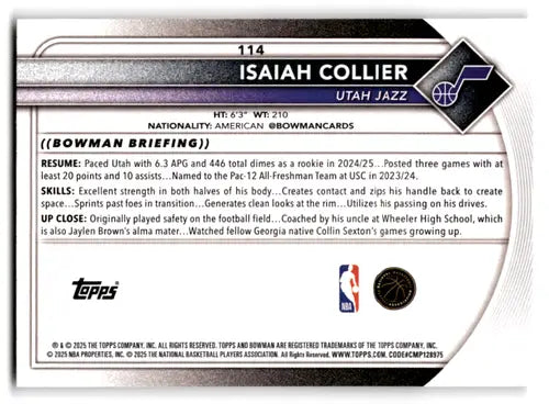 2025-26 Bowman #114 Isaiah Collier NM-MT Jazz ID:82407 - Basketball Card Single
