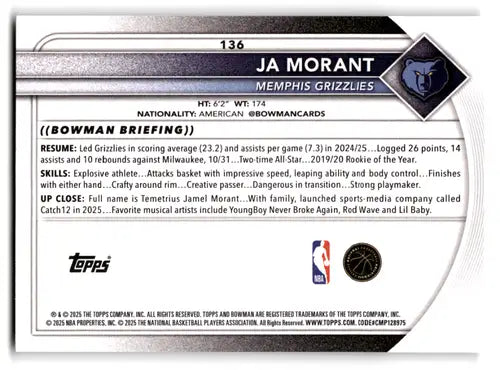 2025-26 Bowman #136 Ja Morant NM-MT Grizzlies ID:82410 - Basketball Card Single