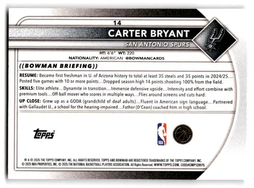 2025-26 Bowman #14 Carter Bryant NM-MT RC Rookie Spurs ID:82381 - Basketball Card Single