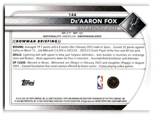 2025-26 Bowman #144 De’Aaron Fox NM-MT Spurs ID:82412 - Basketball Card Single