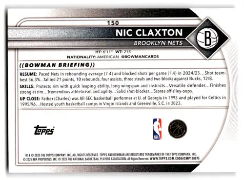 2025-26 Bowman #150 Nic Claxton NM-MT Nets ID:82413 - Basketball Card Single