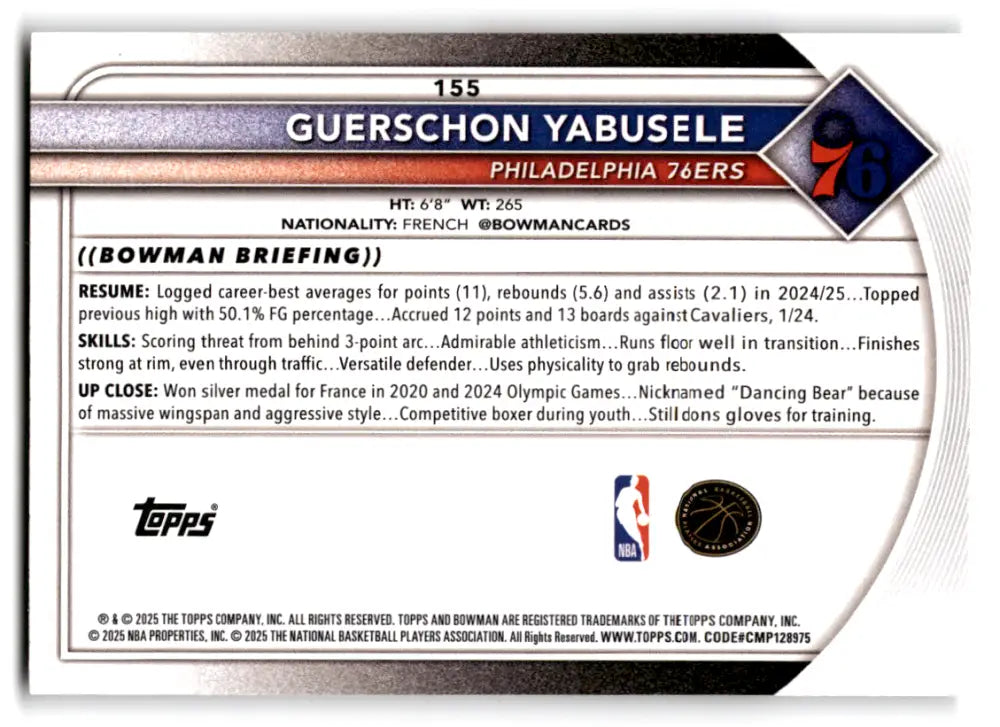 2025-26 Bowman #155 Guerschon Yabusele NM-MT 76ers ID:82415 - Basketball Card Single