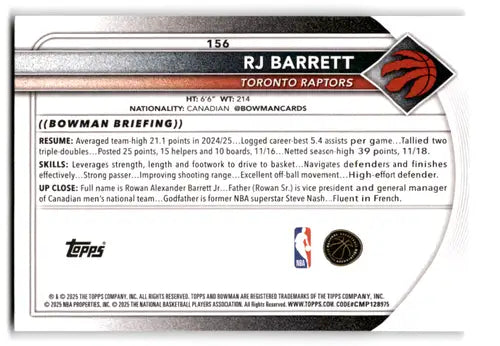2025-26 Bowman #156 RJ Barrett NM-MT Raptors ID:82416 - Basketball Card Single
