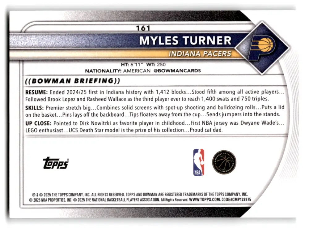 2025-26 Bowman #161 Myles Turner NM-MT Pacers ID:82417 - Basketball Card Single